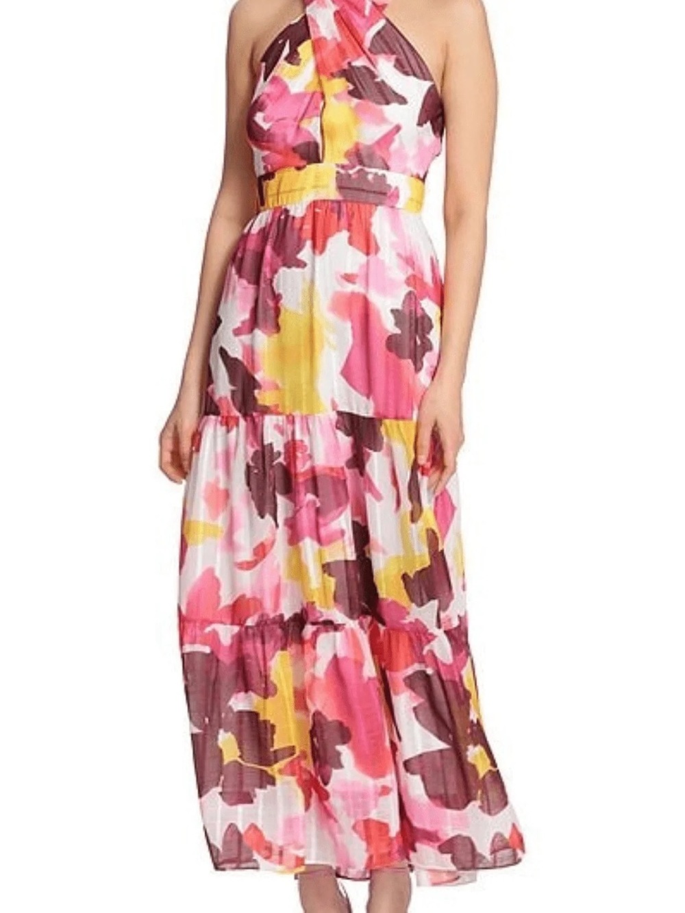 NWT Maggy London Floral Criss Cross Halter Neck Tiered Maxi Dress. Size 0. Magen